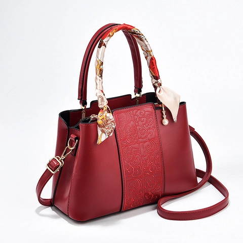 Women Handbag PU Leather Embossed Cloud Pattern Scarf Wrapped Handle Artificial Pearl Pendant Elegant Bridal Wedding Tote Bag