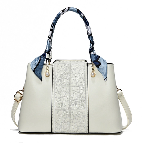 Elegant Women Handbag PU Leather Large Capacity Embroidery Scarf Handle Artificial Pearl Pendant Wedding Party Shoulder Crossbody Bag