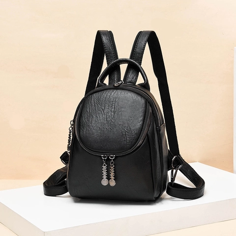 Women Mini Backpack Litchi Grain PU Leather Multi-Functional Crossbody Shoulder Bag Casual Travel Fashion Solid Color Black
