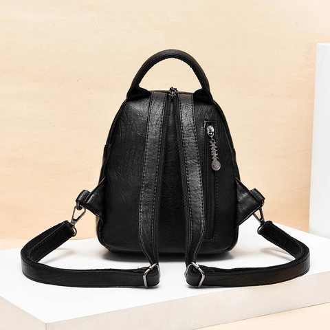 Women Mini Backpack Litchi Grain PU Leather Multi-Functional Crossbody Shoulder Bag Casual Travel Fashion Solid Color Black