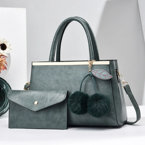 Women Retro PU Leather Handbag And Envelope Clutch Large Capacity Gold Metal Trim Shoulder Bag With Plush Ball Pendant