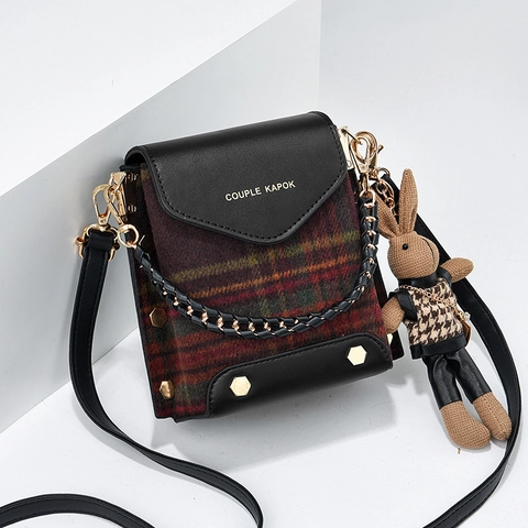 Retro Mini Crossbody Bag PU Leather And Plaid Fabric Flap Square Phone Purse With Rabbit Charm For Women Girls