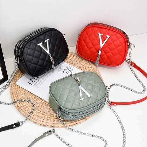 Quilted Crossbody Bag For Women PU Leather Rhombus Pattern Multi Zipper Tassel Shoulder Bag Chain Strap Square Purse