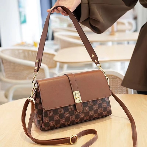 Borsa A Tracolla Vintage A Quadri In Pelle PU Stampa Monogramma Serratura In Metallo Multi Scomparto Moda Per Donna