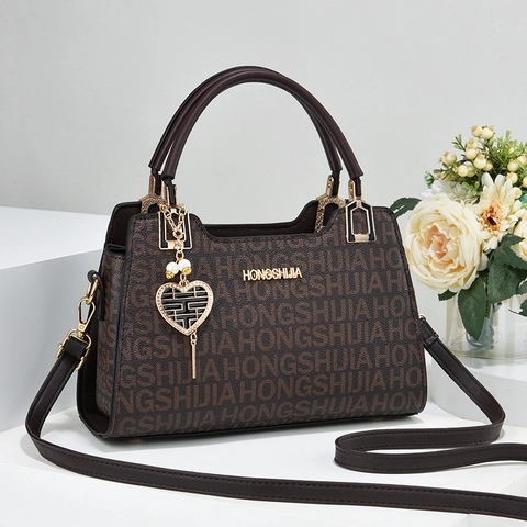 Women Monogram Print Handbag PU Leather Retro Crossbody Bag Heart Artificial Pearl Charm Elegant Top Handle Tote