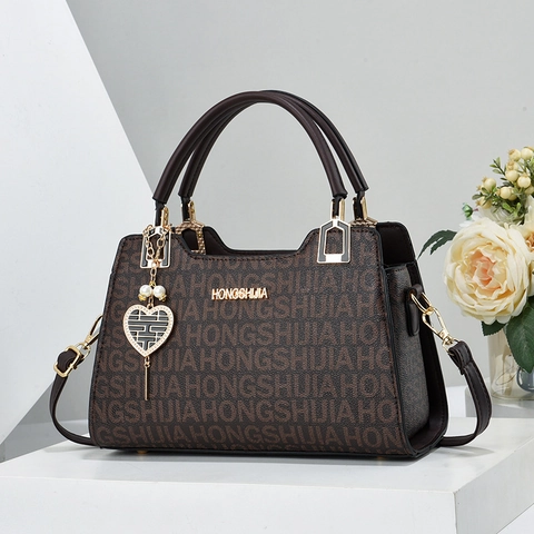 Women Monogram Print Handbag PU Leather Retro Crossbody Bag Heart Artificial Pearl Charm Elegant Top Handle Tote