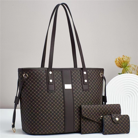 Women Handbag Tote Wallet And Pouch PU Leather Geometric Print Retro Large Capacity Shoulder Bag Commuter Fashion