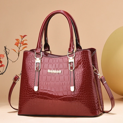 Damen Handtasche Krokodilmuster Lackleder PU Großraum Mode Schulter Umhängetasche Goldene Beschläge