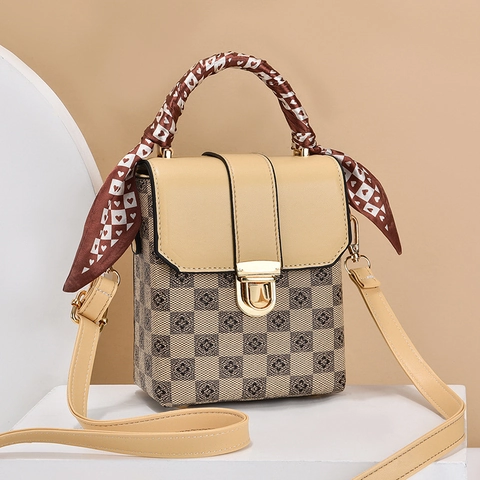 Mini Borsa Tracolla Quadrata Donna Pelle PU Motivo Scacchi Fiori Manico Sciarpa Raso Chiusura Dorata Elegante