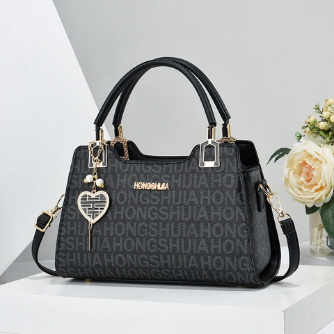 Women Monogram PU Leather Shoulder Bag Vintage Large Capacity Commuter Handbag With Heart Artificial Pearl Pendant Tote Bucket Bag