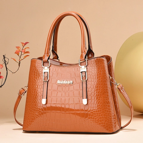 Damen Handtasche Krokodilmuster Lackleder PU Großraum Mode Schulter Umhängetasche Goldene Beschläge