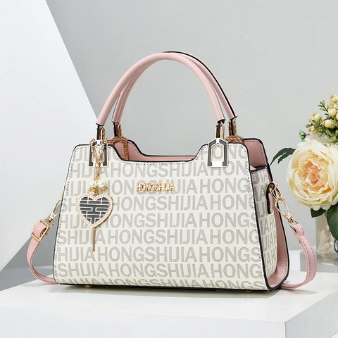 Women Monogram PU Leather Shoulder Bag Vintage Large Capacity Commuter Handbag With Heart Artificial Pearl Pendant Tote Bucket Bag