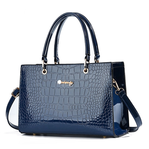 Women Handbag Crocodile Embossed PU Leather Shiny Patent Large Capacity Top Handle Shoulder Crossbody Fashion Retro
