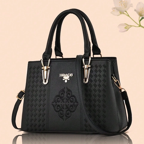 Women Fashion Handbag PU Leather Lychee Pattern Large Capacity Embroidery Flower Shoulder Crossbody Bag Elegant Office