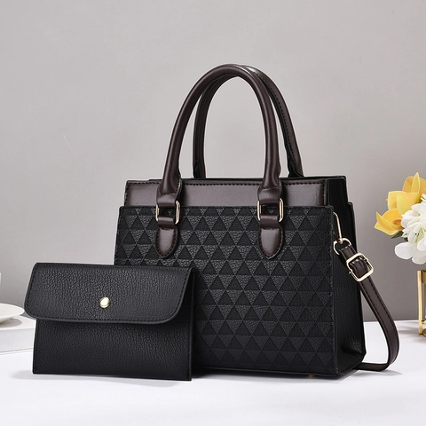 Geometric Triangle Embossed PU Leather Handbag And Matching Pouch For Women Large Capacity Top Handle Tote Modern Shoulder Bag