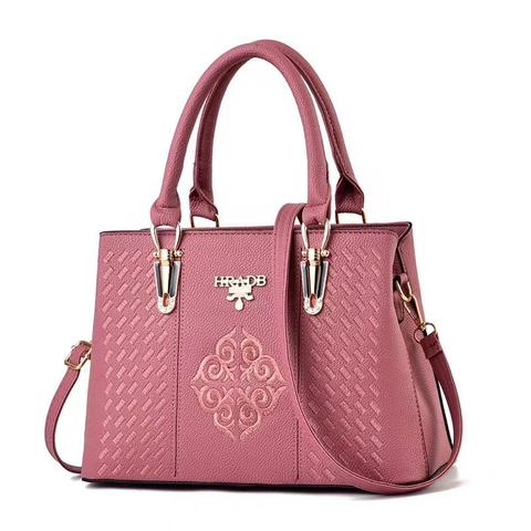 Women Fashion Handbag PU Leather Lychee Pattern Large Capacity Embroidery Flower Shoulder Crossbody Bag Elegant Office