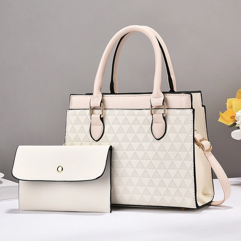 Geometric Triangle Embossed PU Leather Handbag And Matching Pouch For Women Large Capacity Top Handle Tote Modern Shoulder Bag
