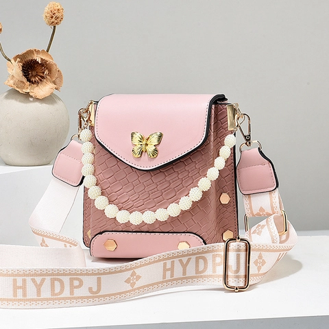 Mini Sac Bandoulière Pour Femme En Cuir PU À Motif Pierre Boucle Papillon Dorée Poignée En Künstliche Perles Et Large Bandoulière