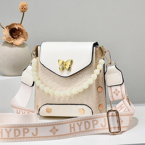 Mini Sac Bandoulière Pour Femme En Cuir PU À Motif Pierre Boucle Papillon Dorée Poignée En Künstliche Perles Et Large Bandoulière