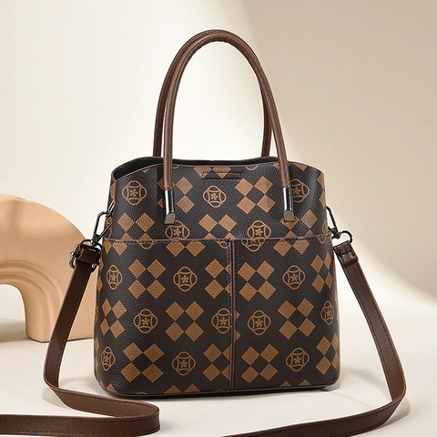 Borsa A Spalla Vintage Da Donna Mano Pelle PU Motivo A Scacchi Rombi Grande Capacità Manico Superiore Tracolla