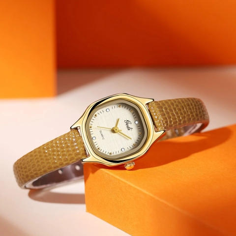 Women Quartz Watch Octagonal Golden Case Rhinestone Dial Embossed Leather Strap Vintage Retro Elegant Style
