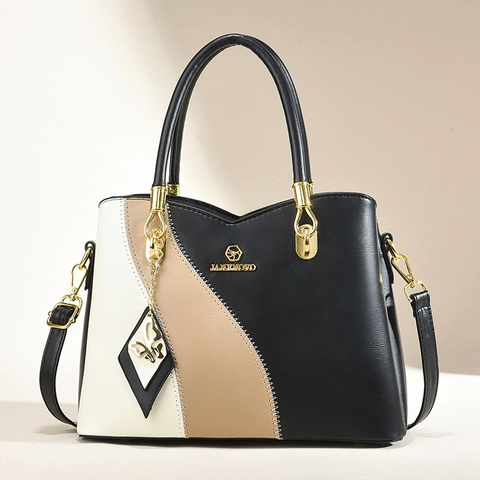 Women Handbag PU Leather Color Block Large Capacity Shoulder Crossbody Bag Elegant Fashion Tote With Butterfly Charm