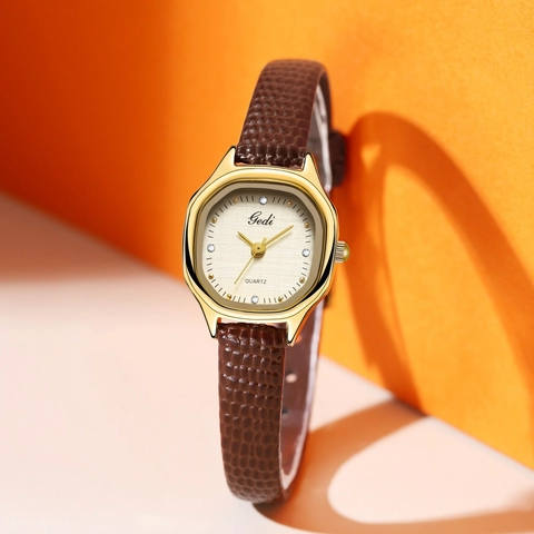 Women Quartz Watch Octagonal Golden Case Rhinestone Dial Embossed Leather Strap Vintage Retro Elegant Style