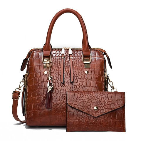 Women Handbag And Wallet Crocodile Pattern PU Leather Large Capacity Gold Hardware Cat Charm Tassel Fashionable Daily