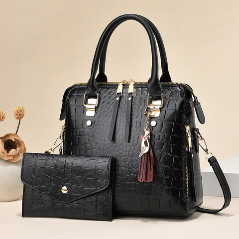 Women Handbag And Wallet Crocodile Pattern PU Leather Large Capacity Gold Hardware Cat Charm Tassel Fashionable Daily