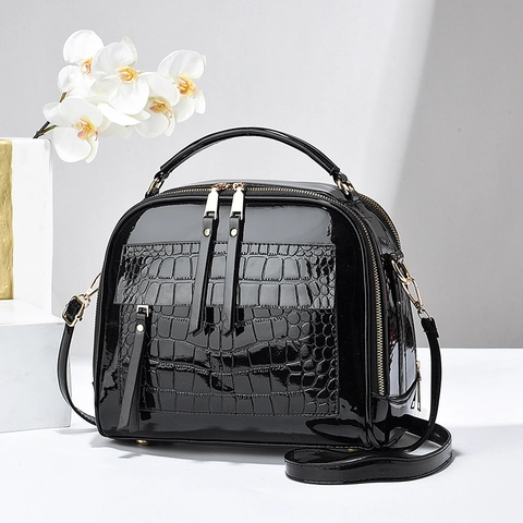 Sac à Main Mode Motif Crocodile en Cuir Verni pour Femmes Vintage Brillant Sac Bandoulière avec Double Fermeture Éclair Tote