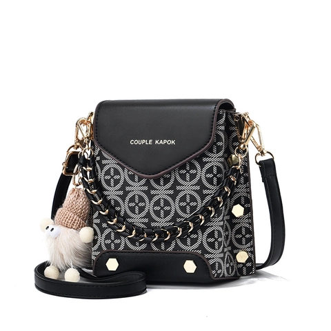 Women Mini Crossbody Phone Bag Fashion PU Leather Geometric Print Square Bag With Plush Charm Metal Chain Small Shoulder Bag