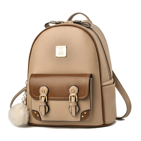 Mochila De Moda Para Mujer Cuero PU Gran Capacidad Color En Contraste Colgante De Bola De Pelo Lazo Decoración Bolso Casual