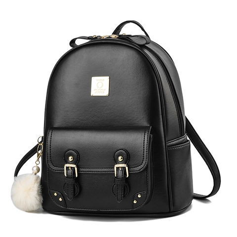 Mochila De Moda Para Mujer Cuero PU Gran Capacidad Color En Contraste Colgante De Bola De Pelo Lazo Decoración Bolso Casual