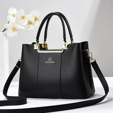 Fashion Women Litchi Grain PU Leather Handbag Large Capacity Shoulder Bag With Gold Hardware Removable Strap Simple Chic