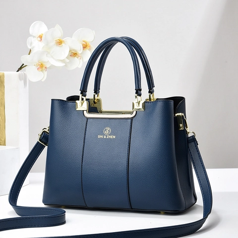 Fashion Women Litchi Grain PU Leather Handbag Large Capacity Shoulder Bag With Gold Hardware Removable Strap Simple Chic