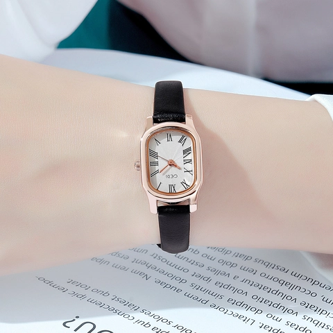 GEDI Women Quartz Watch Retro Oval Dial Leather Strap Waterproof Elegant Roman Numerals Casual Ladies Wristwatch