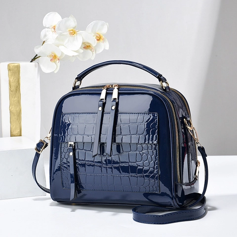 Sac à Main Mode Motif Crocodile en Cuir Verni pour Femmes Vintage Brillant Sac Bandoulière avec Double Fermeture Éclair Tote