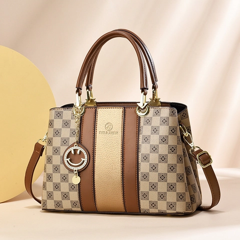 Dames Handtas PU Leer Color Block Monogram Tote Bag Grote Capaciteit Schoudertas Met Smile Hanger