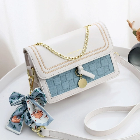 Women Crossbody Bag PU Leather Patchwork Woven Texture Small Square Shoulder Bag With Chain Strap Satin Scarf Pendant