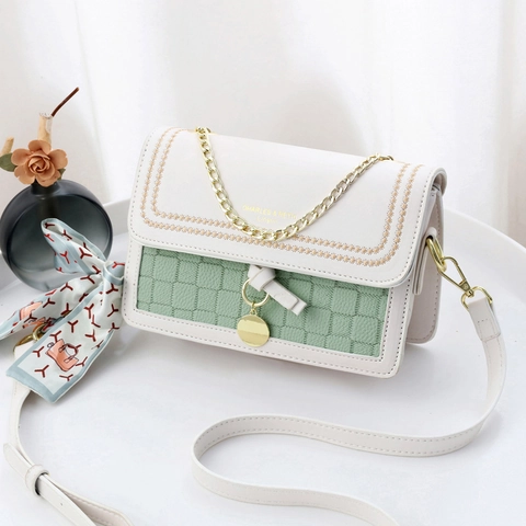 Women Crossbody Bag PU Leather Patchwork Woven Texture Small Square Shoulder Bag With Chain Strap Satin Scarf Pendant