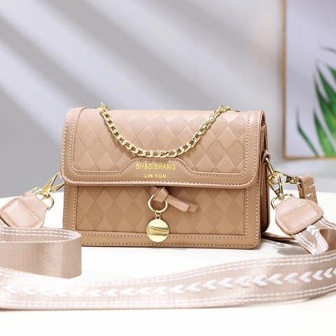 Borsa A Tracolla Da Donna Pelle PU Motivo A Rombi Trapuntati Piccola Borsa A Mano Con Catena Dorata E Tracolla Larga