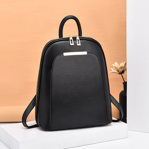 Fashion PU Leather Women Backpack Minimalist Commuter School Travel Bag With Gold Hardware Double Zipper Anti Theft Pocket