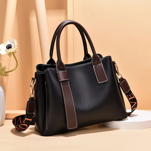 Women Handbag Large Capacity PU Leather Vintage Crossbody Shoulder Bag Contrast Color Wide Strap
