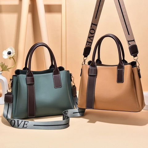 Women Handbag Large Capacity PU Leather Vintage Crossbody Shoulder Bag Contrast Color Wide Strap