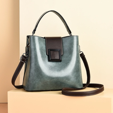 Retro Women Bucket Bag PU Leather Contrast Color With Patterned Webbing Strap Square Buckle Casual Shoulder Crossbody Bag