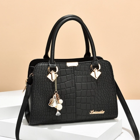 Sac À Main Pour Femme En Cuir PU Gaufré Crocodile Sac À Épaule Bandoulière Bijoux Dorés Pendentif Künstliche Perle Style Élégant