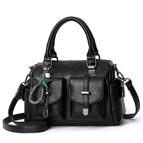Women Boston Bag PU Leather Large Capacity Multi Pocket Crossbody Shoulder Bag Lychee Texture Retro Utility Style