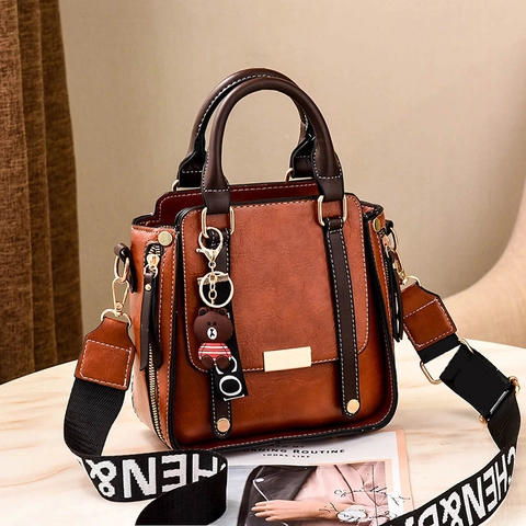 Women Retro PU Leather Shoulder Bag Large Capacity Crossbody Handbag Wide Fabric Strap Cartoon Bear Charm Vintage Style