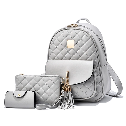 Damen Rucksack Handtasche Und Kleingeldbörse Aus Gestepptem PU Leder Mit Quaste Koreanischer Stil Mode Schule