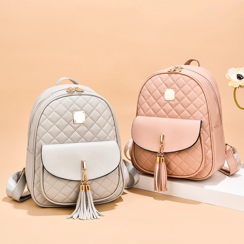Damen Rucksack Handtasche Und Kleingeldbörse Aus Gestepptem PU Leder Mit Quaste Koreanischer Stil Mode Schule